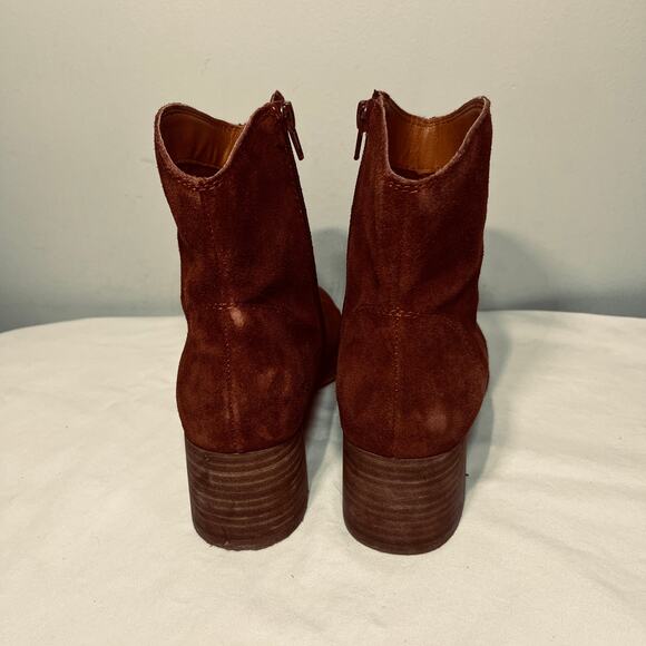 Lucky Brand Boots Laiden Rust Suede Leather Ankle Boho Chunky Heel Zip 7.5M/38 - Picture 6 of 9